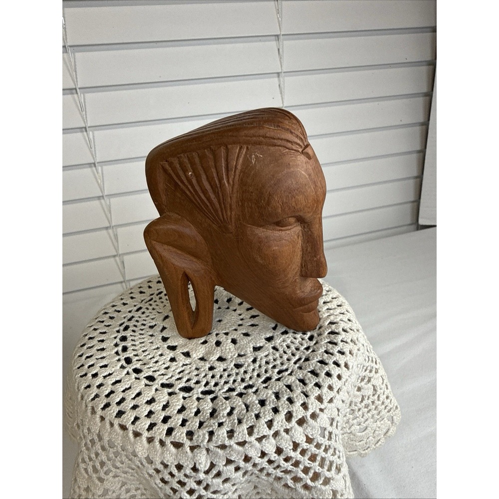 Vintage Hand Carved Tribal Head Sculpture Wood Free Standing Decor 4.25"X 3".